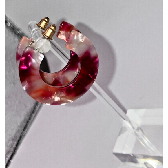 Pink White Mosaic Resin Hoop 1 5/8" Earrings! - Picture 4 of 10